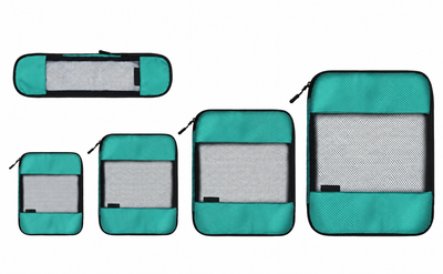 Green organizer set with four cubes and a long bag