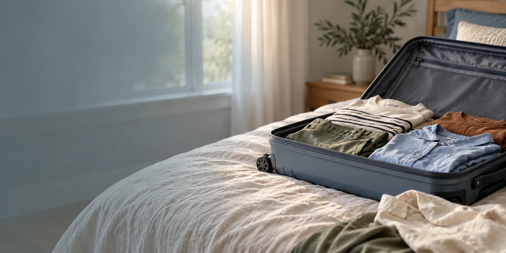 An open suitcase and folded clothing on a bed beside a window.