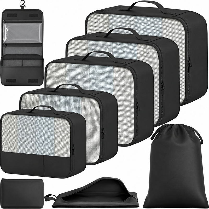 Black nine-piece set with five packing cubes and four accessory bags